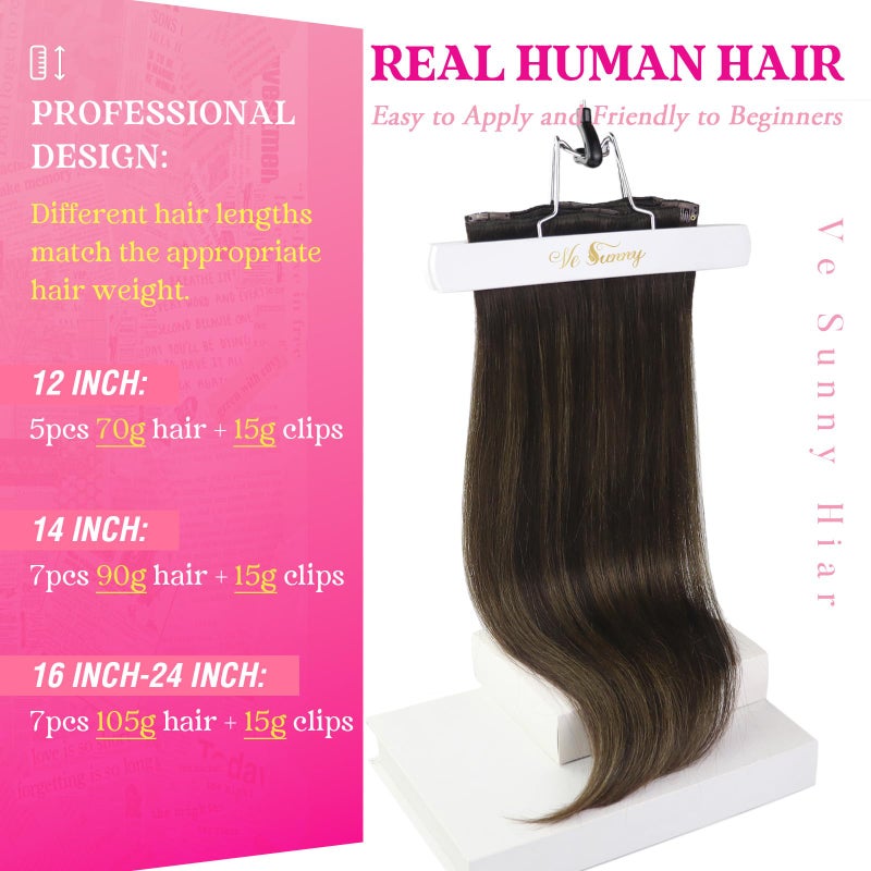 Ve Sunny Human Hair Clip in Extensions 22Inch Long Clip in Hair Extensions Real Human Hair Balayage Dark Brown Hair Extensions Clip ins for Women Easy Apply 120g - Image 2